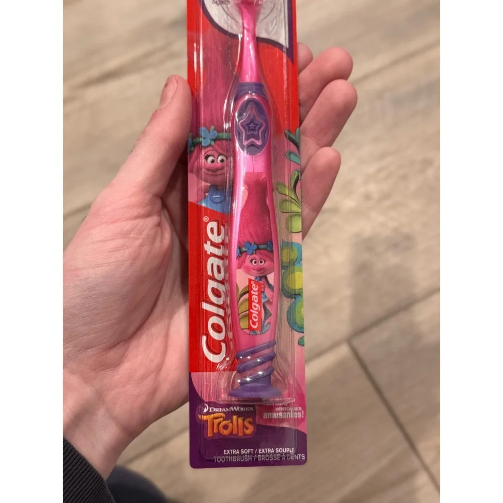 Colgate Trolls Kids Toothbrush Extra Soft Pink Manual Suction Cup Base Ages 5+